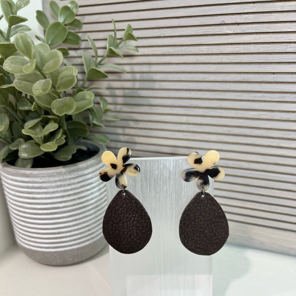 Handmade Brown Leather Teardrop Earring w/ Floral Acrylic Post